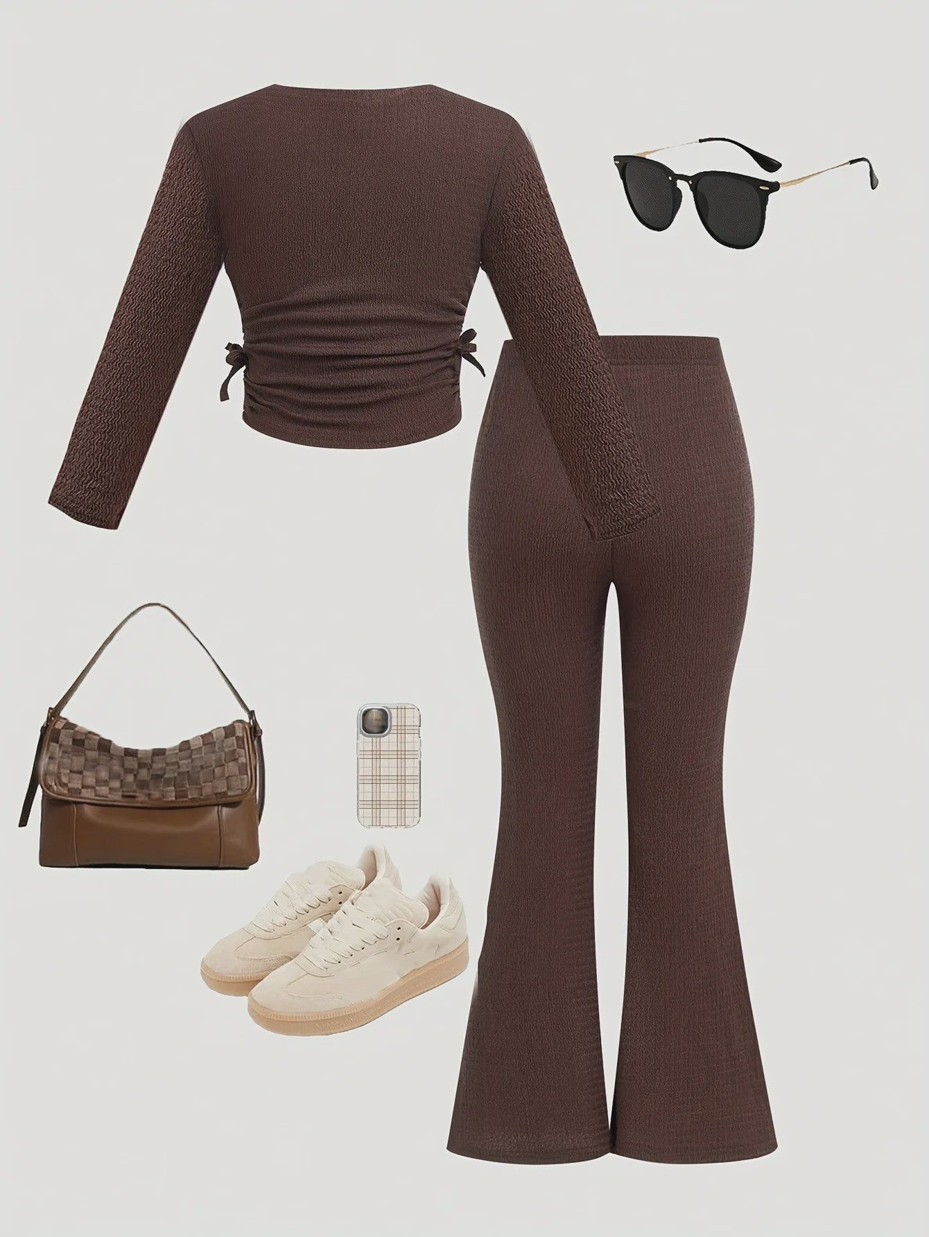 Kids Girls 2 Piece Brown Waffle Knit Ruched Drawstring Crop Top & Flare Pants Set Casual Daily Outfit