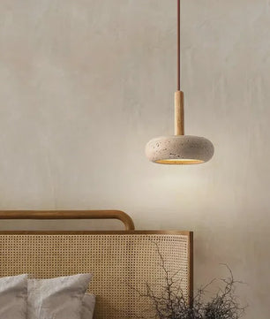 Wabi Sabi Hanglamp Rond Geel Steen met Hout - Sfeervolle LED Verlichting