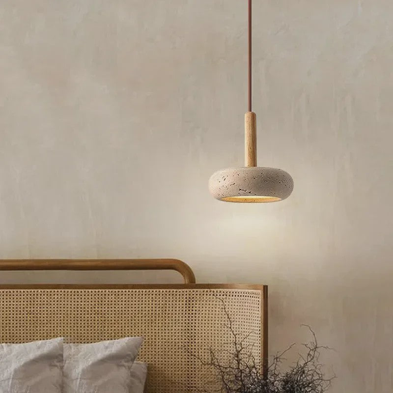 Wabi Sabi Hanglamp Rond Geel Steen met Hout - Sfeervolle LED Verlichting