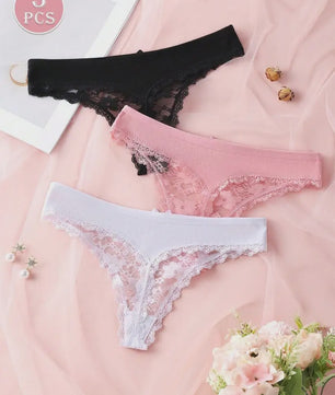 3-Pack Dames Strings van Kant en Mesh - Sexy Transparant Ondergoed
