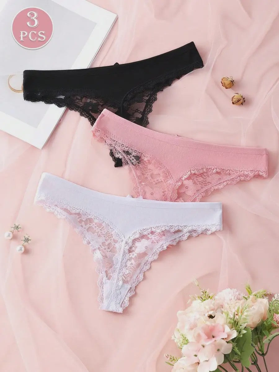 3-Pack Dames Strings van Kant en Mesh - Sexy Transparant Ondergoed