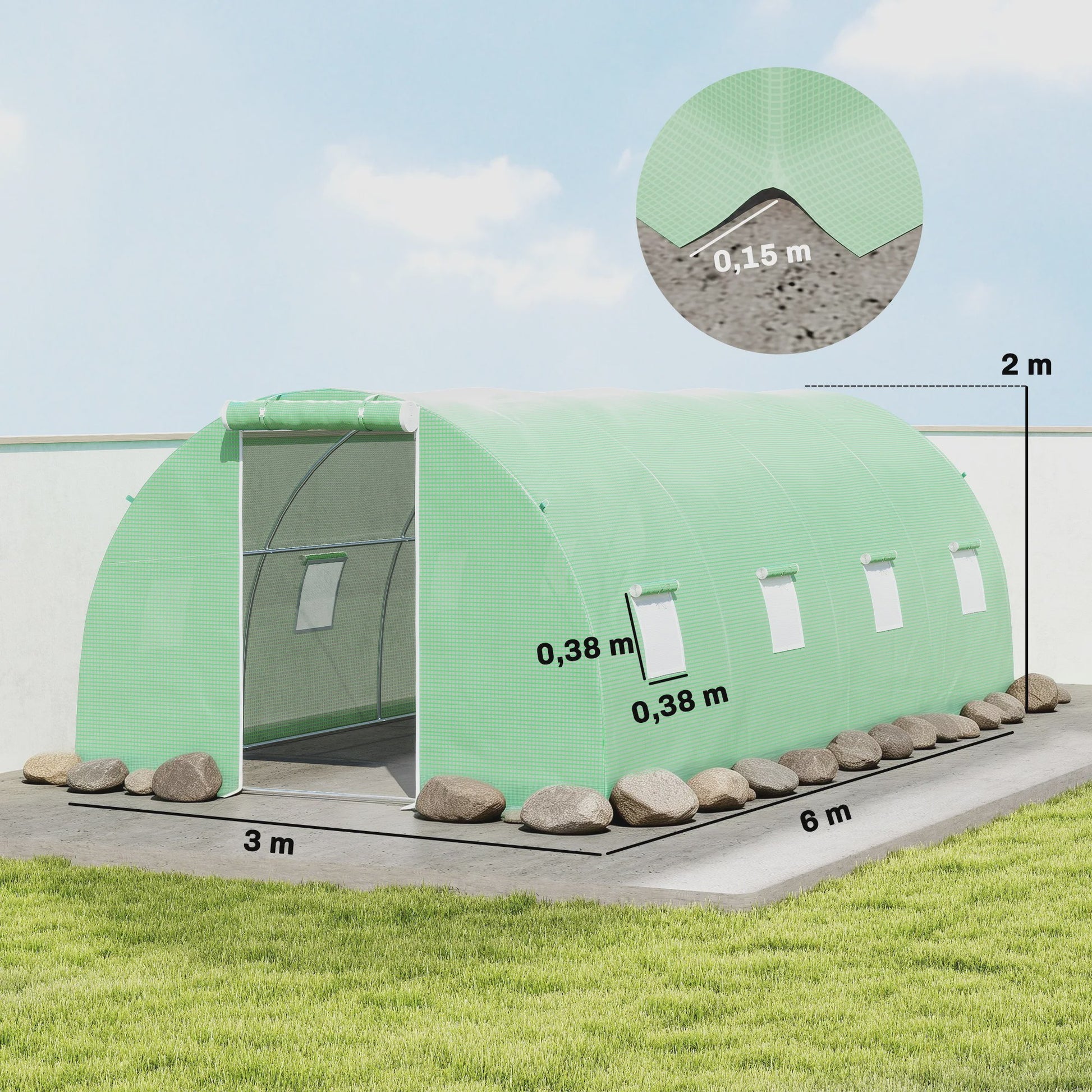 Outsunny Tunnelkas 18m² - 6x3x2m - Groene PE Tunnelkas met Ritsdeur en Ramen