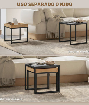 Set van 2 Nidos bijzettafels: Zwart Stalen Frame met Eikenhout Look - Stijlvol en Functioneel