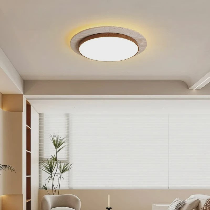 Wabi Sabi Travertin Plafondlamp 40W - Natuursteen & Houtkleur - 15.8 Inch