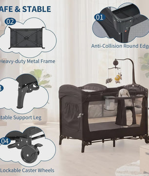 4-in-1 Babybed, Reiswieg, Speelbox & Campingbed met Aankleedkussen