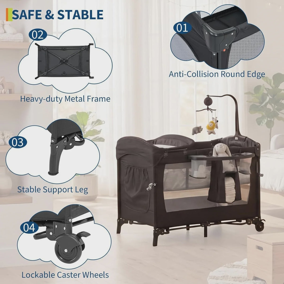 4-in-1 Babybed, Reiswieg, Speelbox & Campingbed met Aankleedkussen
