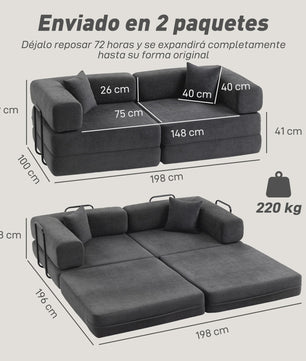 HOMCOM 2-Zits Sofa Bed - Inklapbare Bank met Chenille Bekleding en 2 Kussens