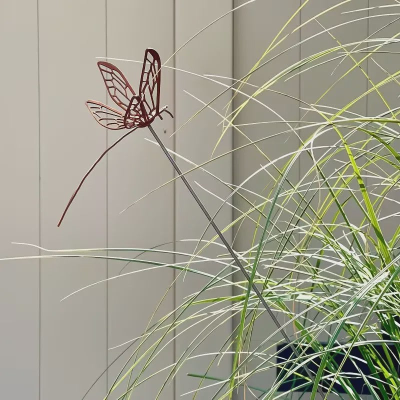 Roestkleurige Libelle & Vlinder Tuinsteker - Sierlijk Decoratie Ornament voor Buiten