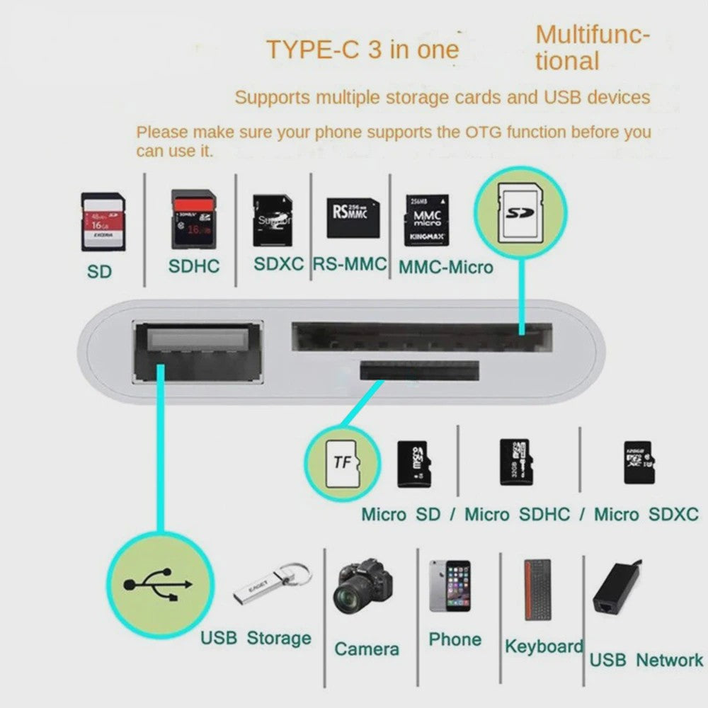 3-in-1 USB-C Cardreader Hub: SD/TF & USB Poort voor Telefoon, Macbook & meer