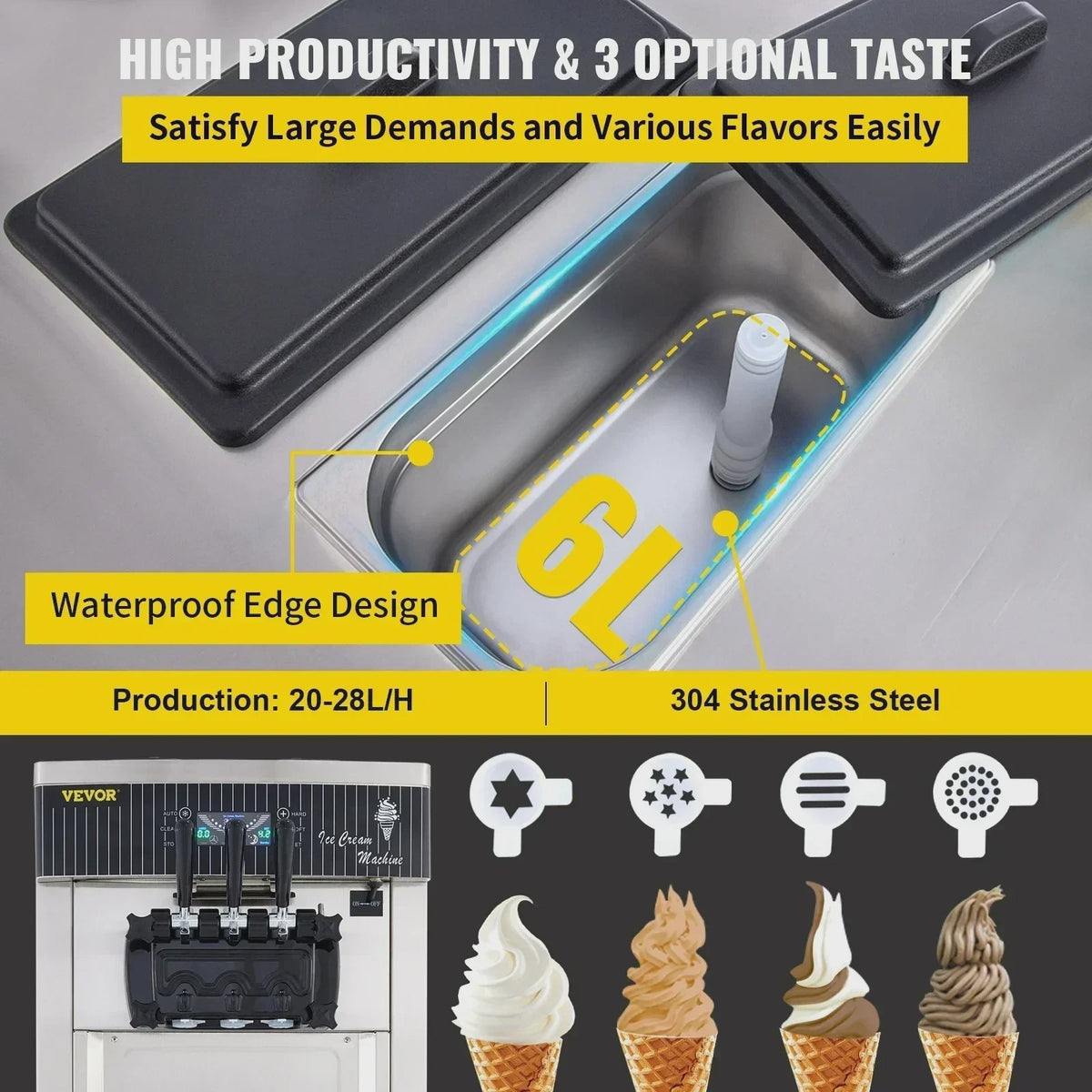 VEVOR Professionele Soft IJsmachine met 2+1 Smaken - 2200W
