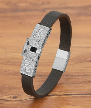 Heren Lederen Armband met Leopard Hoofd & Kristallen - Vintage Punk Rock Stijl