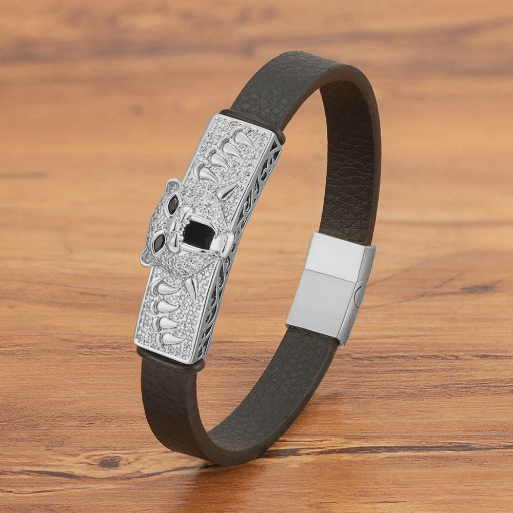 Heren Lederen Armband met Leopard Hoofd & Kristallen - Vintage Punk Rock Stijl