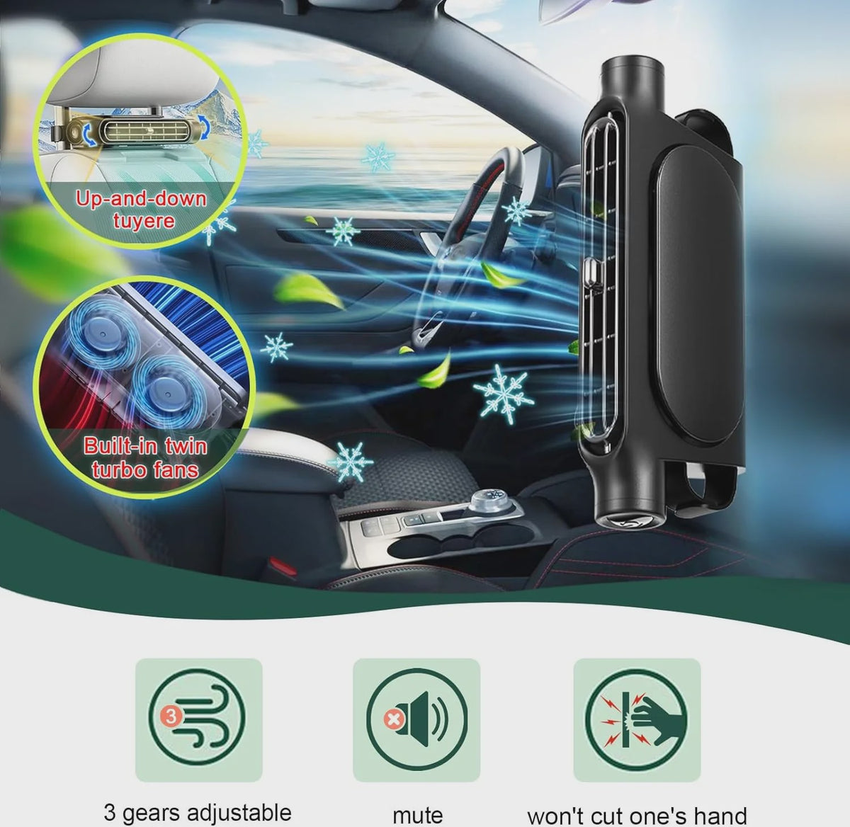 Verstelbare Auto Hoofdsteun Ventilator - 3 Snelheden & USB Voeding