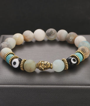 Handgemaakte Buddha & Evil Eye Armband met Turkoois Blauwe Stenen - Elastisch, Yoga Stijl