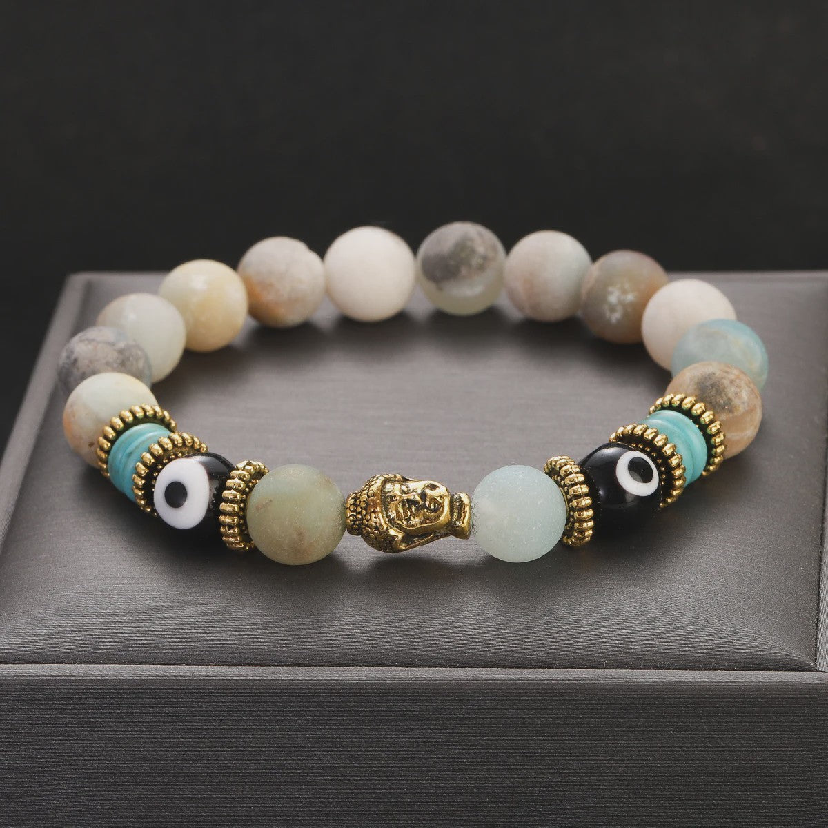 Handgemaakte Buddha & Evil Eye Armband met Turkoois Blauwe Stenen - Elastisch, Yoga Stijl