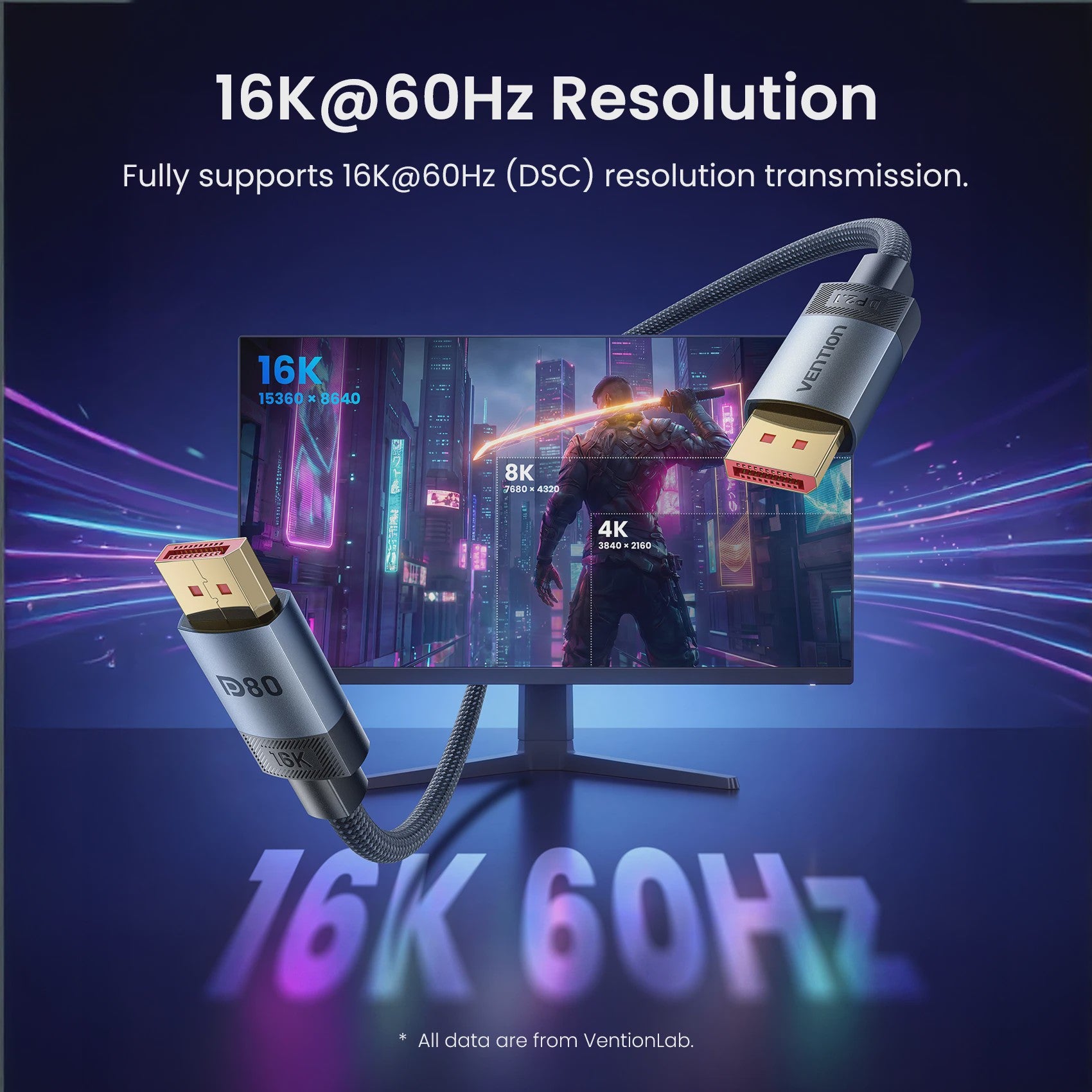 Vention DisplayPort 1.4 Kabel 8K@60Hz / 16K@60Hz - 80Gbps Bandbreedte