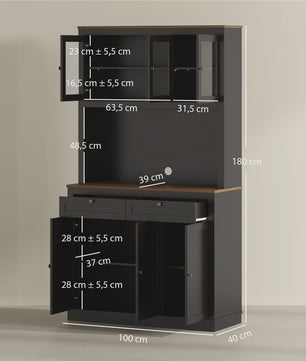 Keuken Serveertafel met 3 Glazen Deuren, Open Werkblad en 2 Lades - Zwart