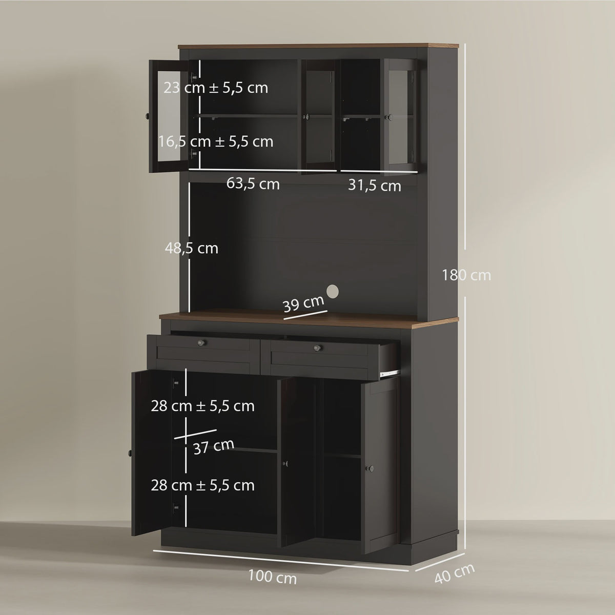 Keuken Serveertafel met 3 Glazen Deuren, Open Werkblad en 2 Lades - Zwart