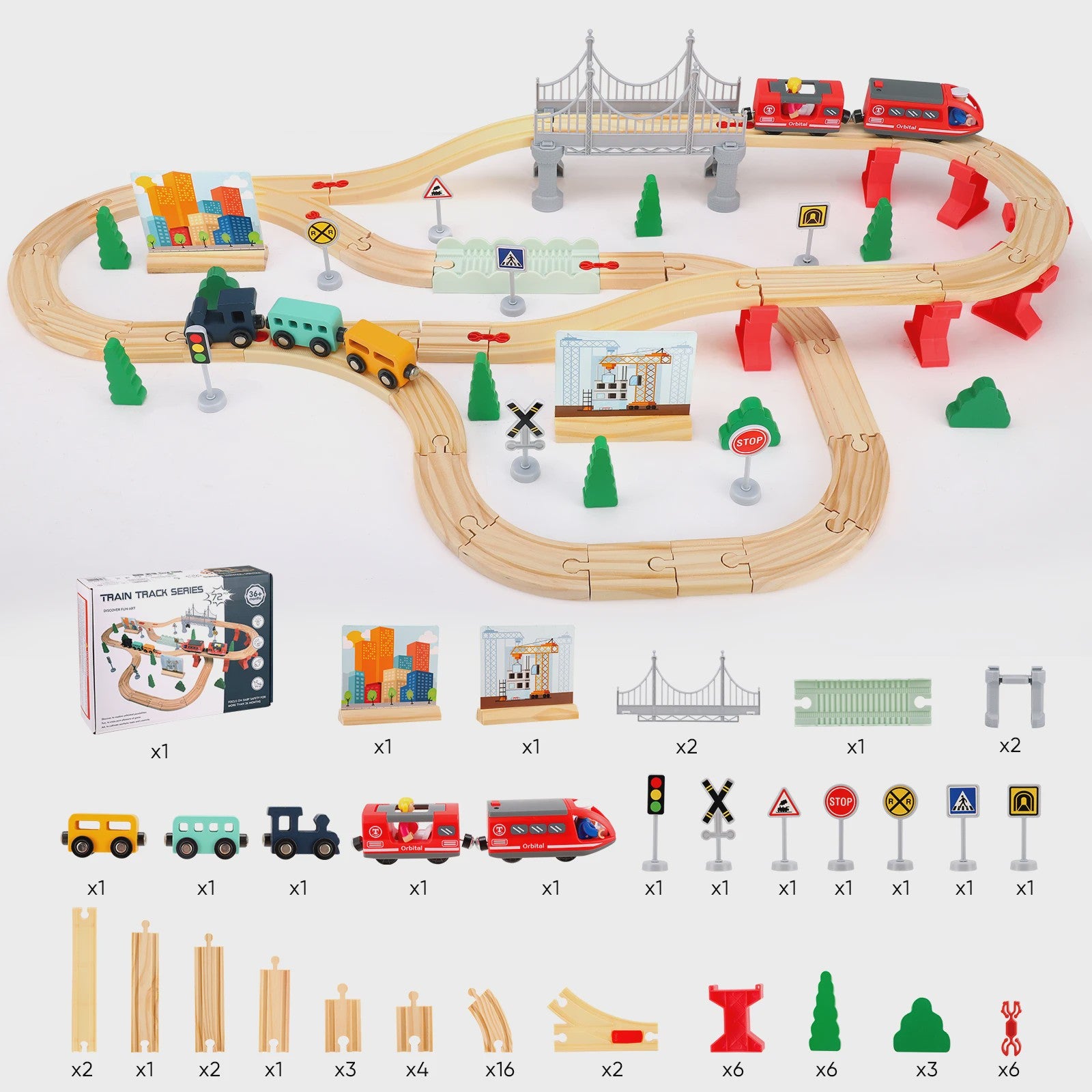 72/108 Pieces Montessori Set of Children's Toy Wood Trains, Cars, Engineering Railway Wooden Train Set Gift for Boys and Girls