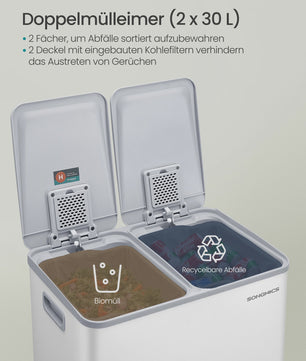 SONGMICS Dubbele Keukenprullenbak 2x30L met Softclose Deksel en Voetpedaal - RVS