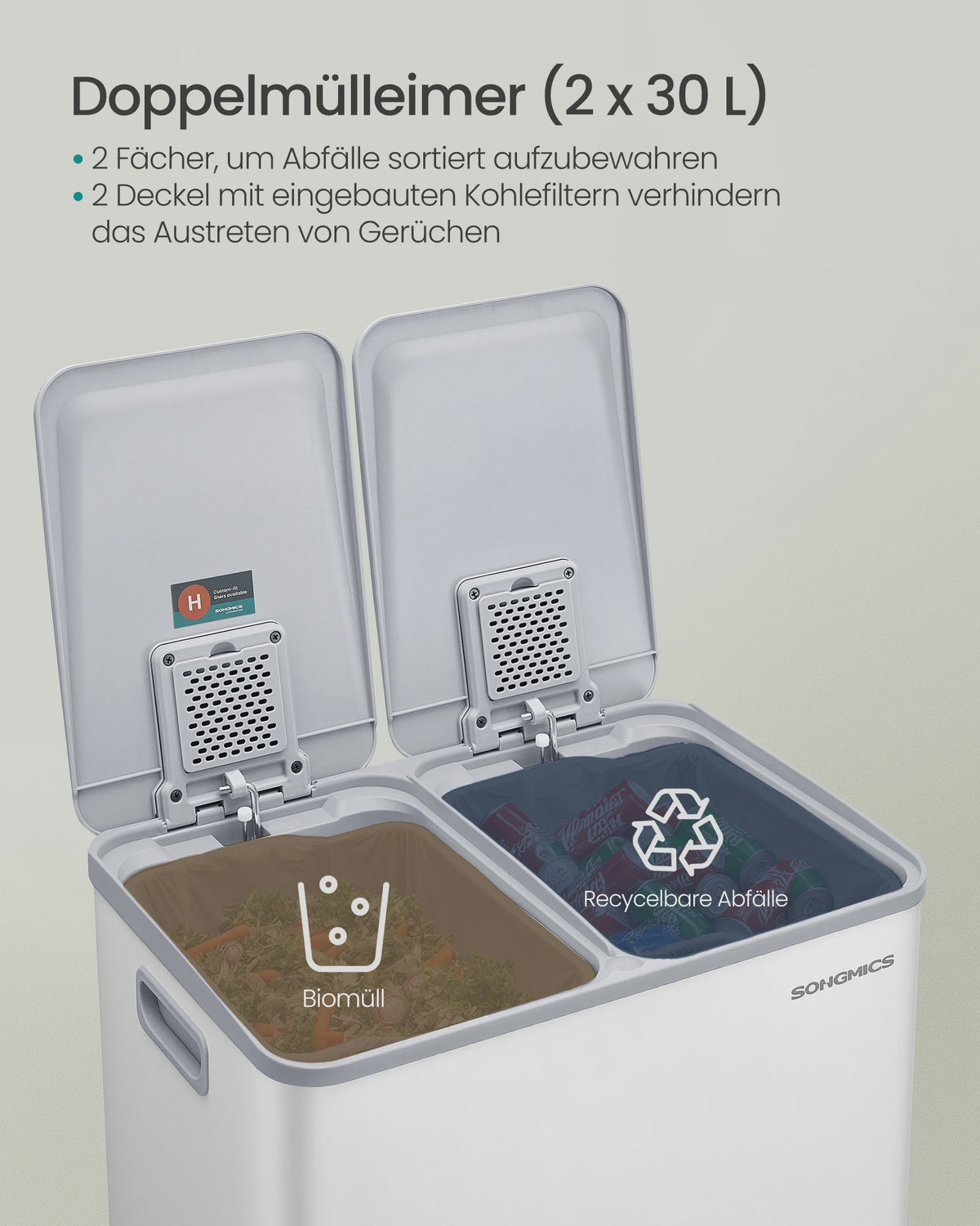 SONGMICS Dubbele Keukenprullenbak 2x30L met Softclose Deksel en Voetpedaal - RVS