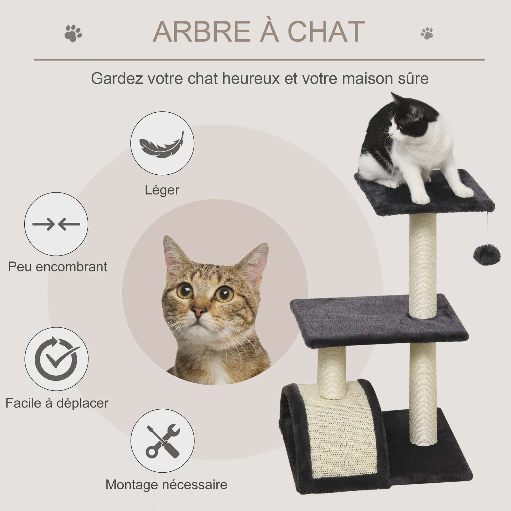 PawHut Kattentoren Krabpaal 72 cm Donkergrijs met Hangbal