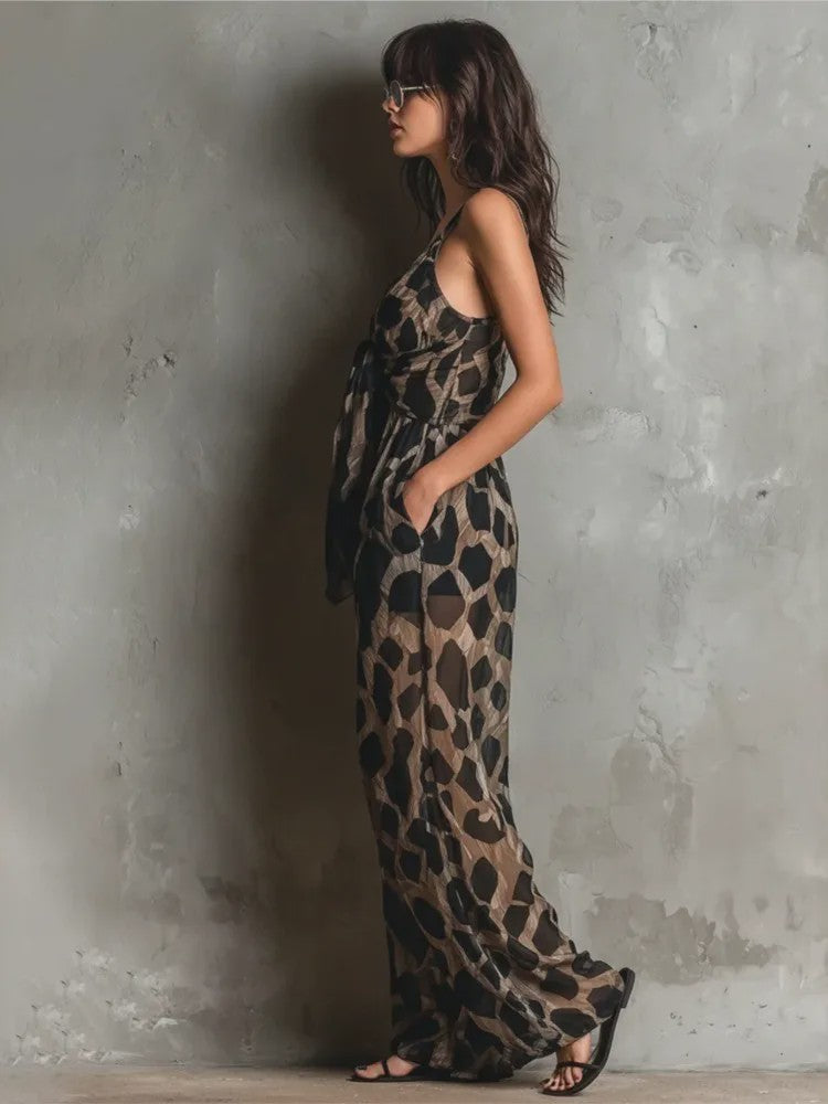 Stijlvolle Dames Jumpsuit met Panterprint, Mouwloos en Wijde Pijpen