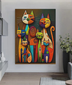 Abstracte Katten Canvas Schilderij - Kleurrijk Cartoon Dieren Poster Kunst