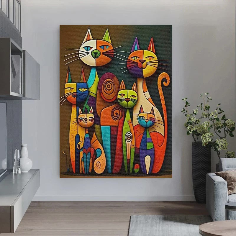 Abstracte Katten Canvas Schilderij - Kleurrijk Cartoon Dieren Poster Kunst