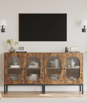 Industriële Buffetkast met Geribbelde Glazen Deuren - Hout & Metaal