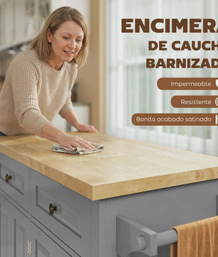 Grijze Keuken Eiland met Wielen - Keukenwagen met Opbergruimte, Kruidenrek en Handdoekhouder