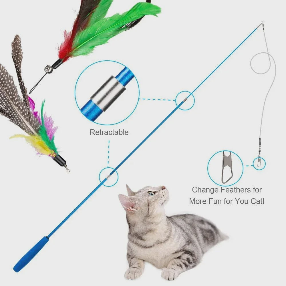11-delige Katten Speelgoed Set met Veren en Intrekbare Hengel - Interactief Plezier voor Jouw Kat