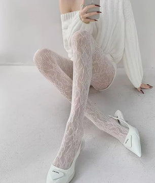 Dames Panty met Bloemenpatroon en Hoge Taille - Sexy Witte Visnet Mesh Sokken voor de Zomer