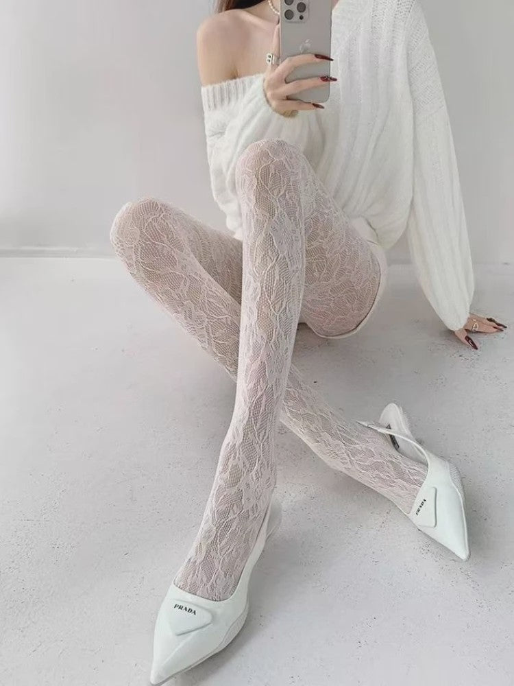 Dames Panty met Bloemenpatroon en Hoge Taille - Sexy Witte Visnet Mesh Sokken voor de Zomer