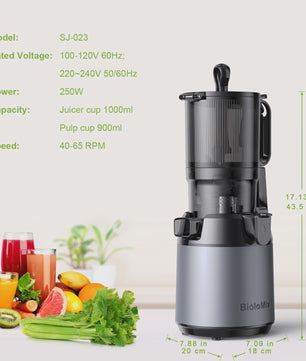 BioloMix Slow Juicer Cold Press met 130mm invoertrechter - Hoge sapopbrengst, BPA-vrij