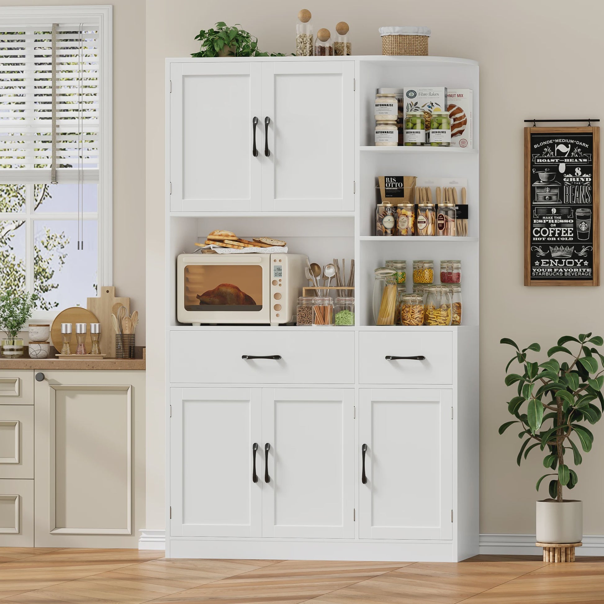 Witte Keuken Buffetkast met 5 Deuren, 2 Lades en Hoekplanken - Stijlvolle Opbergkast