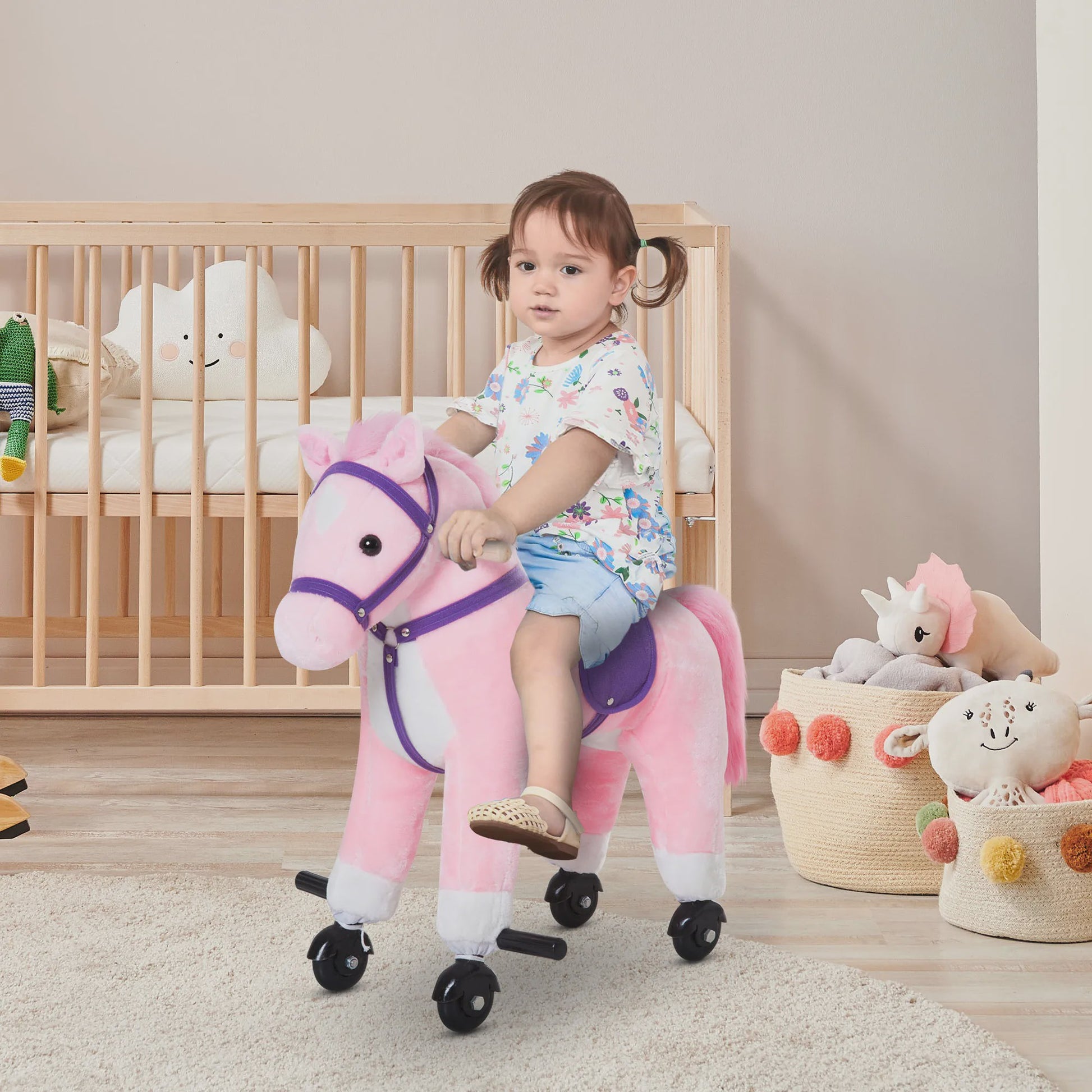 Bruin Hobbelpaard met Wielen, Geluiden en Pedalen - Geschikt voor Kinderen Vanaf 2 Jaar