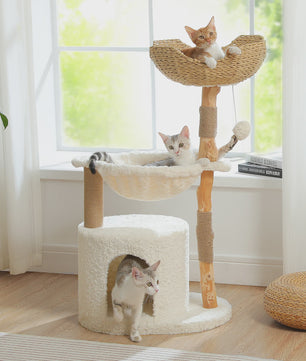 Luxe Kattenboom met Natuurlijk Hout, Wicker Mand & Krabpalen - Comfortabel Kattenhuis