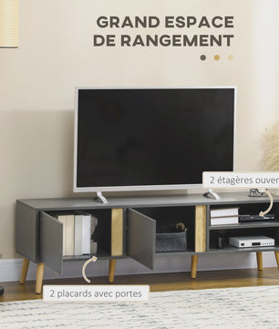 Scandinavische TV-meubel Donkergrijs - 150cm - 2 Deuren & Open Niche - Kabeldoorvoer - Tot 55 inch