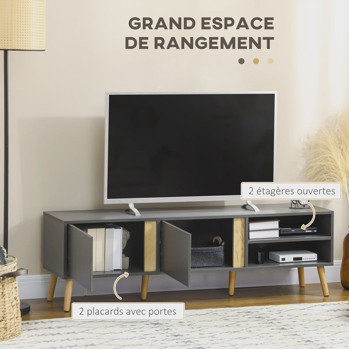 Scandinavische TV-meubel Donkergrijs - 150cm - 2 Deuren & Open Niche - Kabeldoorvoer - Tot 55 inch