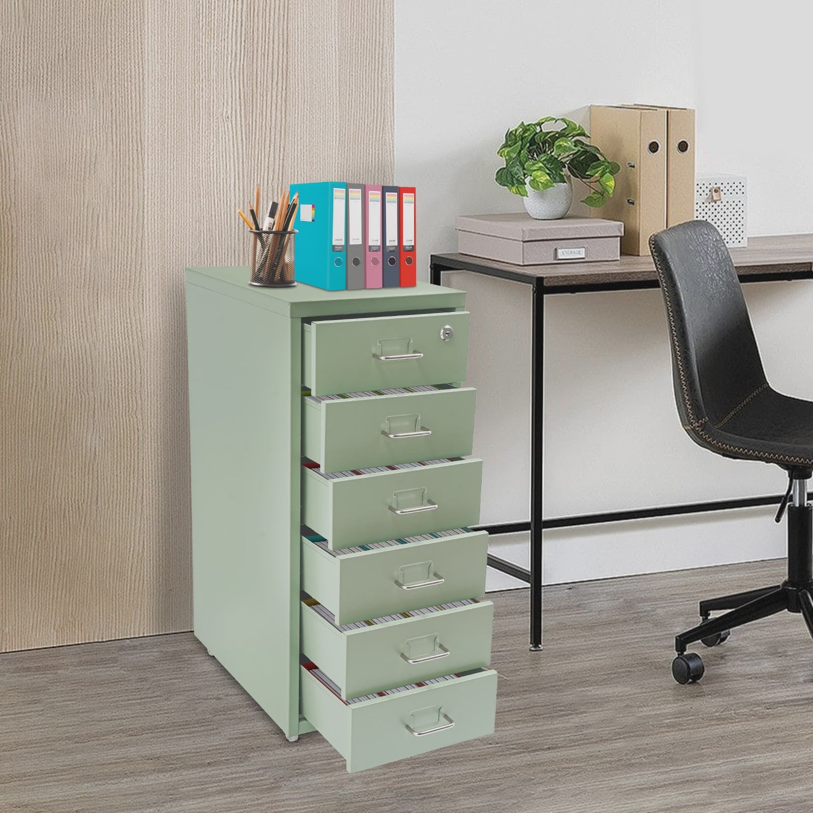Stalen Archiefkast met Wielen en Slot - 5 Lades - 28x41x69cm