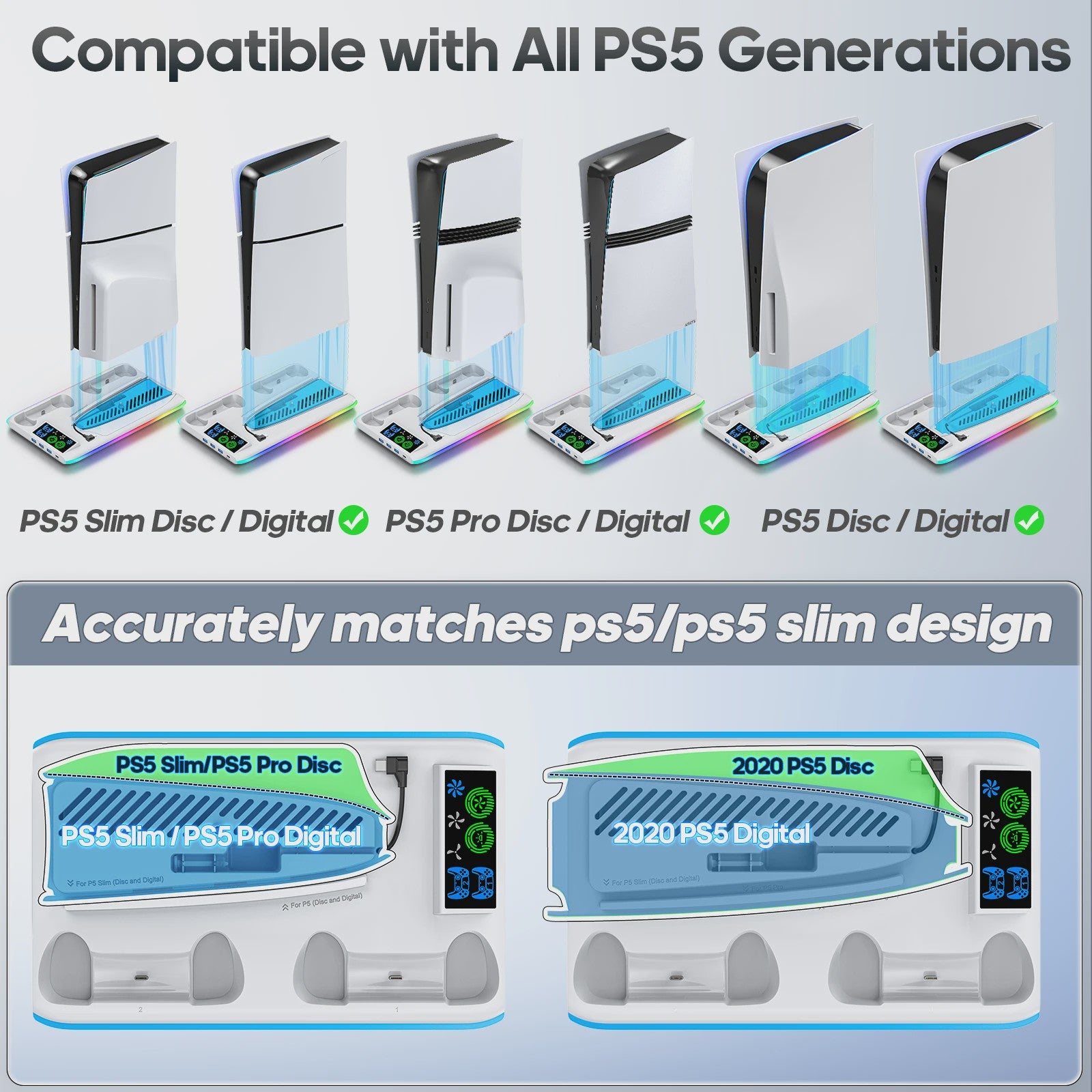 PS5 Verticale Stand met Koeler, Controller Oplader & RGB Verlichting