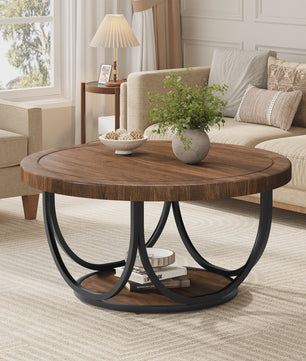 Ronde Salontafel met 2 Niveaus - 80 cm Houten Cocktailtafel met Metalen Frame