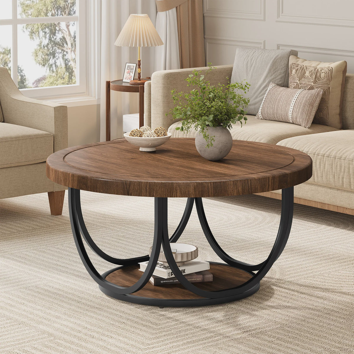 Ronde Salontafel met 2 Niveaus - 80 cm Houten Cocktailtafel met Metalen Frame