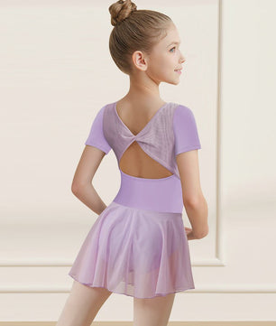 Girls Short Sleeve Ballet Leotard Girls Mesh Dance Leotard with Skirt  Kids Back Bow Knot Dancewear