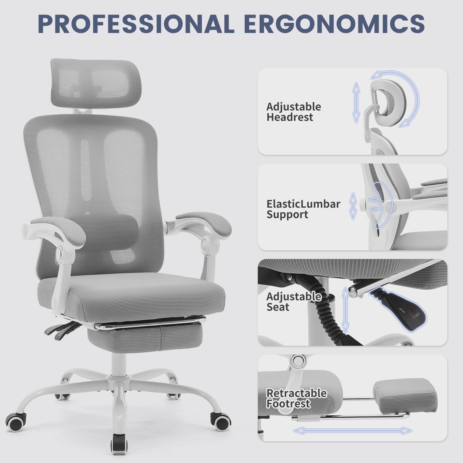 Ergonomische Mesh bureaustoel met voetensteun en verstelbare hoofdsteun