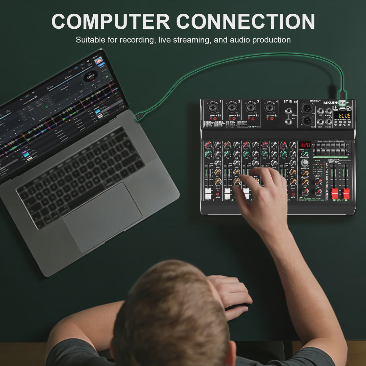 FULUODE V-600 Professionele 6-Kanaals Mixer met 320 DSP Effecten, Bluetooth & 48V Fantoomvoeding