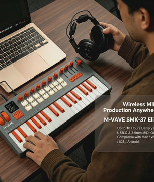 M-VAVE SMK-37 MIDI Keyboard Controller: 37 Velocity Keys, 16 RGB Pads, Bluetooth