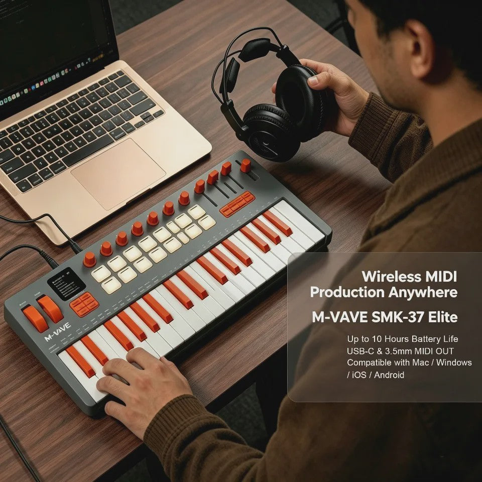 M-VAVE SMK-37 MIDI Keyboard Controller: 37 Velocity Keys, 16 RGB Pads, Bluetooth