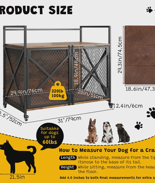 Luxe Houten Hondenkooi Meubel met Dubbele Deuren en Wielen - Afsluitbare Binnen Bench & Tafel voor Kleine/Medium Honden